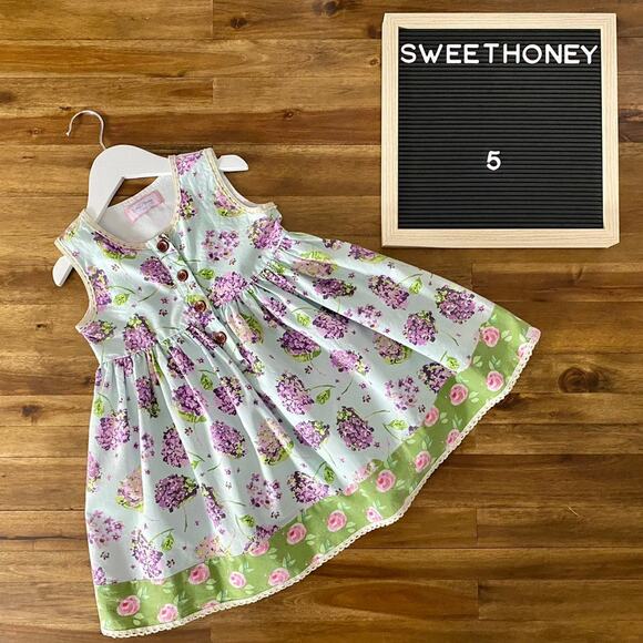 SweetHoney Sleeveless Nora Dress Fly Away Green Purple Floral Hydrangeas Girls 5 - Picture 1 of 7